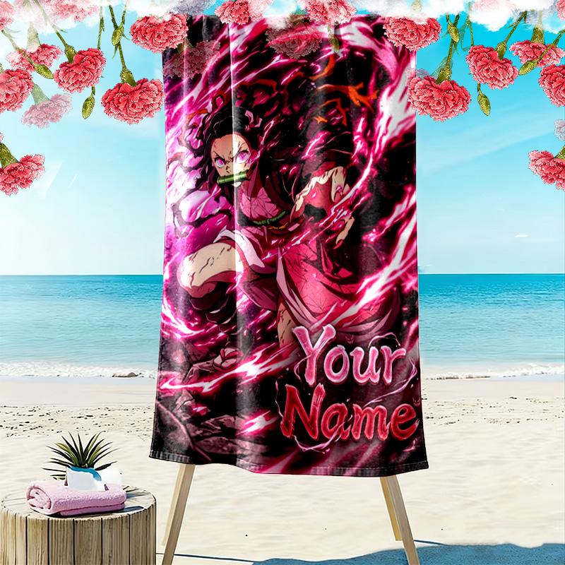 Name Custom Nezuko Print Beach Towel, Large Soft Quick Dry Towel for Beach Camping Swimming