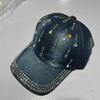 Funkelnde Strass-Denim-Baseballkappe für Damen Bling-Kristalldekor Verstellbar Lässig Outdoor-Sonnenhut Verstellbarer Cowboyhut