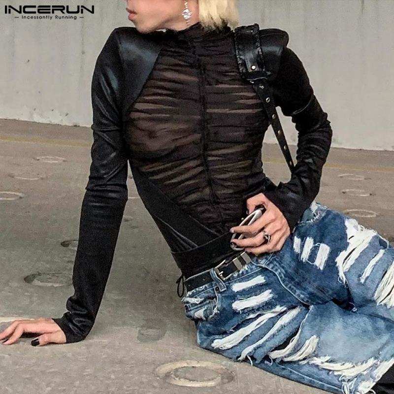 INCERUN Herren Langarm PU Leder Patchwork Durchsichtige Tops Mesh Transparente T-Shirts