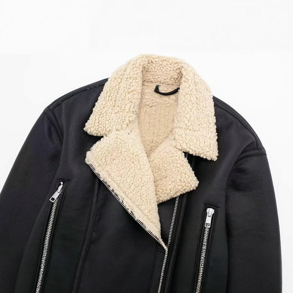 2024 Winter Shearling Biker Short Reversible Women's Jacket with Zipper Accents
