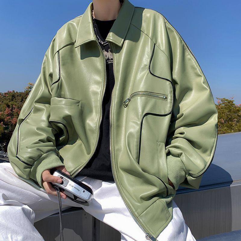 Spring and Autumn Leather Jacket Men's PU Leather Jacket Ruffian Handsome Casual Retro Locomotive Port Style Trend Handsome Trend Jacket