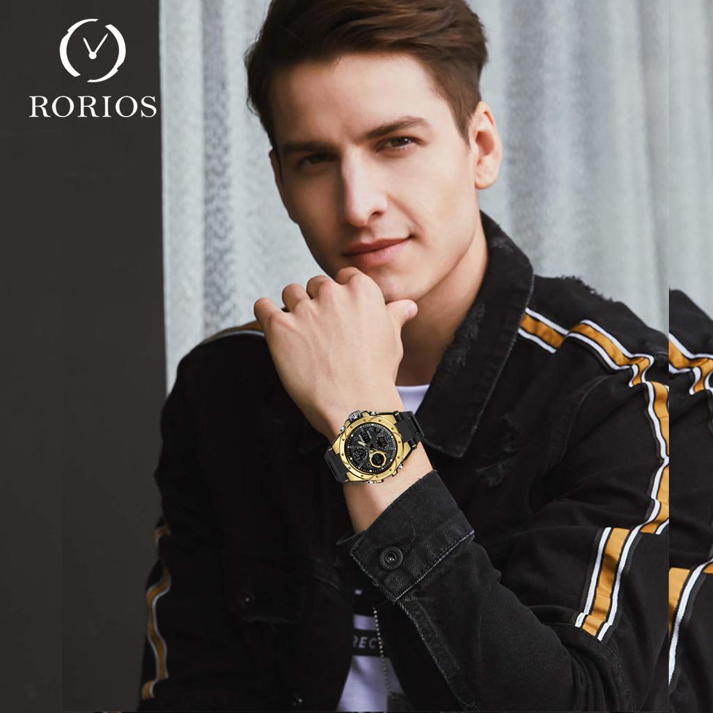 RORIOS Men's Analog-Digi Watch with Chronograph, Stopwatch, Date Display, Day of the Week Display, Waterproof, LED Luminous Display, Multi-Function,