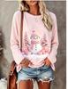 Women Long Sleeve T‑Shirt Christmas Snowman With Knit Hat Scarf Pine Tree Gift Box Print Crew Neck Casual Tops