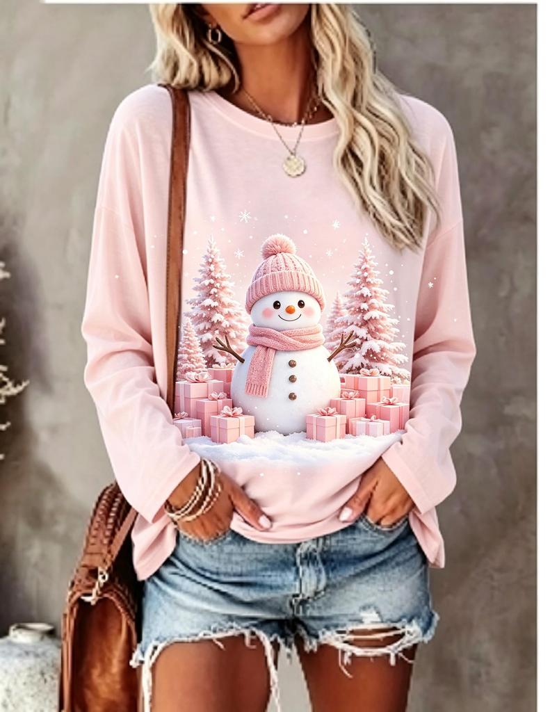 Women Long Sleeve T‑Shirt Christmas Snowman With Knit Hat Scarf Pine Tree Gift Box Print Crew Neck Casual Tops