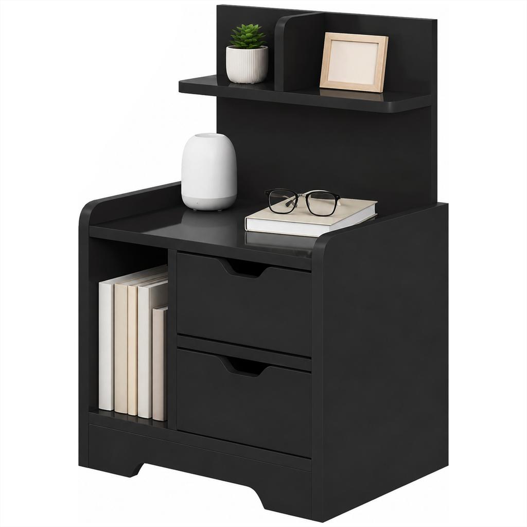 Bedside Table, Small Bedside Cabinet with 2 Drawers and Storage Shelves for Bedroom, Black Wood Effect