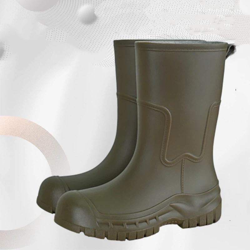 Mid Calf Rain Boots Seamless Waterproof PVC Rubber Wellies Anti Slip Thick Sole Outdoor Garden Work Rain Shoes