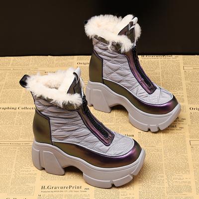 Mode 8cm Damen High Heels 2024 Winter Plus Fleece Warm Klein Dick Besohlt Baumwollschuhe Plateau Stiefel Damenstiefel