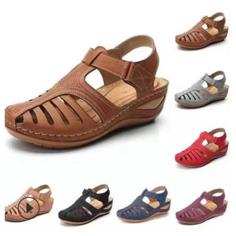 Summer Trend Daily Baotou Medium Heel Velcro Wedge Heel Sandals Women's Large Size Casual