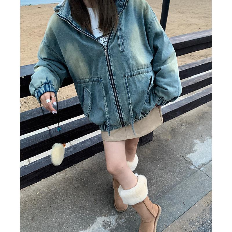 Retro Washed Hooded Denim Coat for Women Fall and Winter Blue