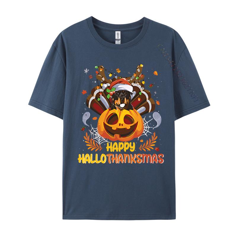 Rottweiler Happy Hallo Thanksmas Halloween Tshirt Vintage Cheerful Cotton Tshirts Blue And White Graphic T Shirts
