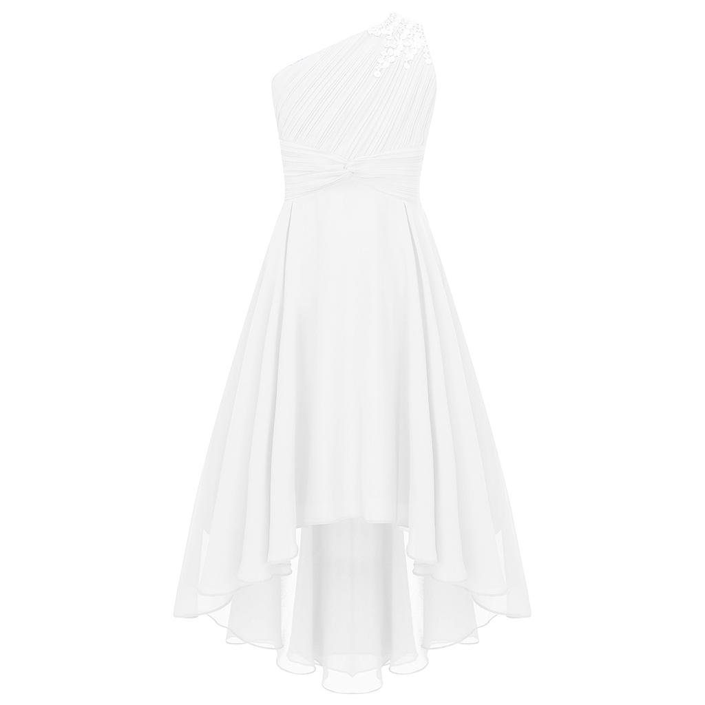 Girls Elegant One Shoulder Wedding Dress Ruched Shiny Beaded Sleeveless High Waist High Low Hem Party Gown