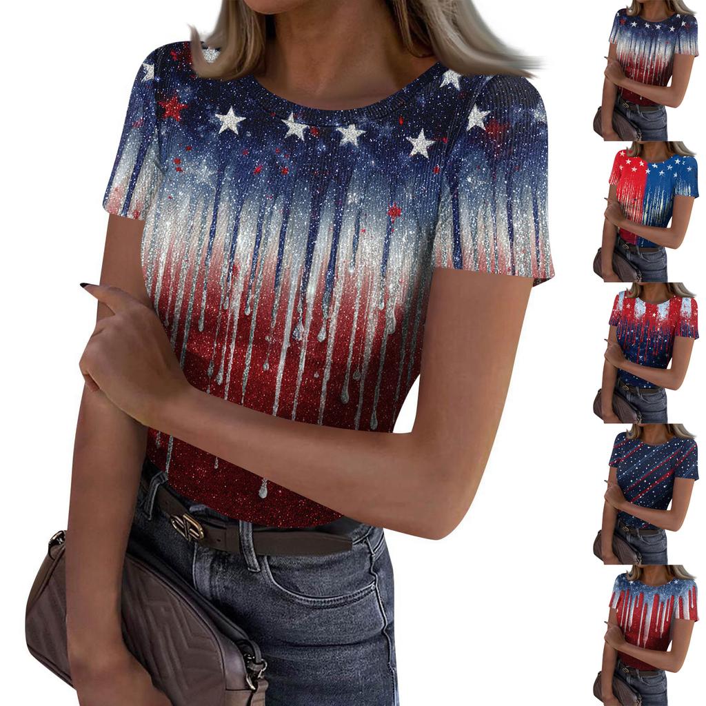 Women's Casual Fashion Round Neck Independence Day Print Short-Sleeve Ribbed Top
