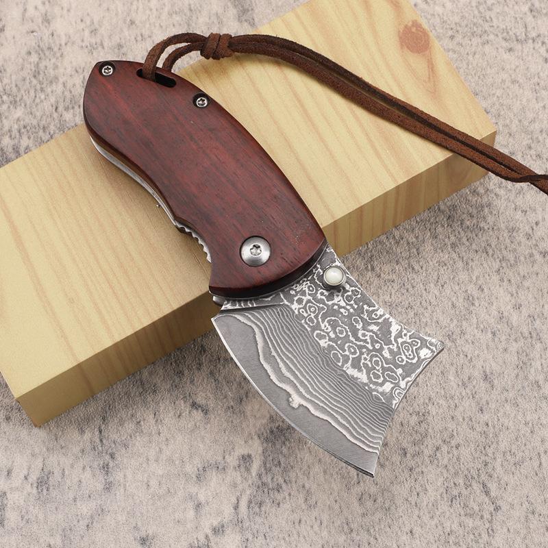 New Style Damascus Steel Folding Knife with Yellow Sandalwood Handle, Collectible Multi-Purpose EDC Tool for Fruit Cutting