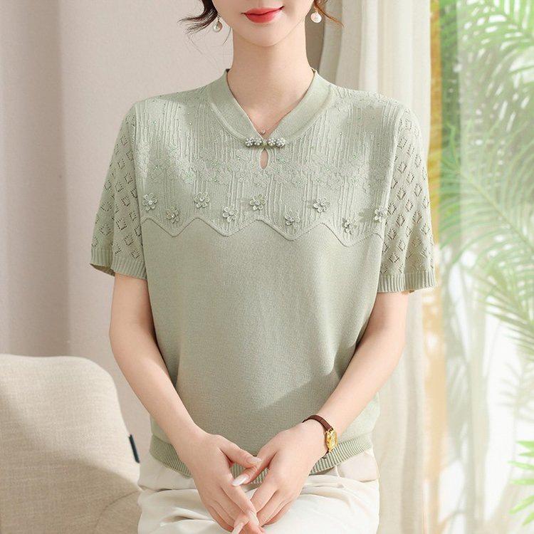 Chic Knitted Short Sleeve Summer Top for Women - Age-Defying Fashion for Middle-Aged and Elderly