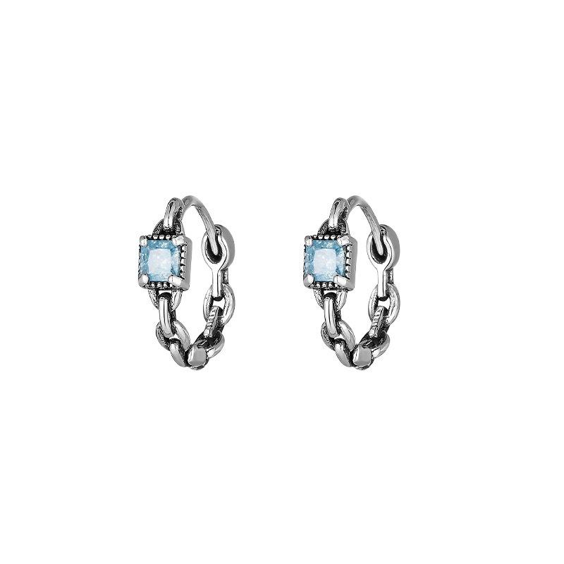 S925 Sterling Silver Sugar Cube Earrings with Personalized Blue Diamond Chain – Retro Distressed High-End Design