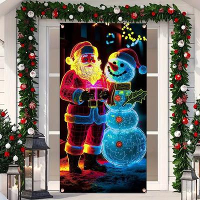 Fluorescent Christmas Door Cover UV Activated Glow-in-the-Dark Door Banner for Outdoor Indoor Holiday Decoration