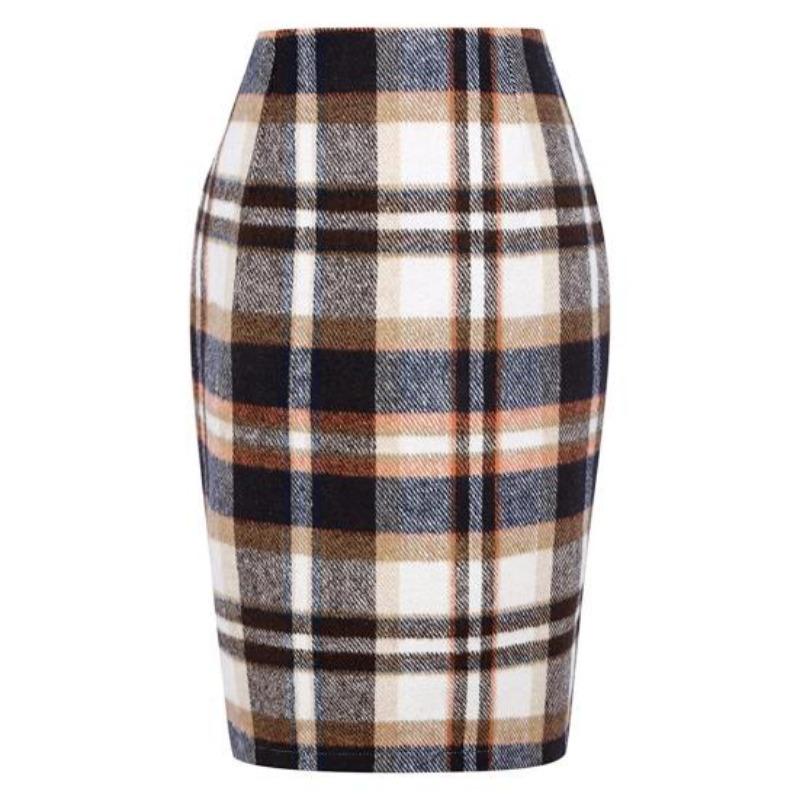 Frauen Frühling Rock Hohe Taille Plaid Print Kontrast Farbe Slim Fit Gerade Warm Halten Mantel Knielangen Winter Rock Weibliche kleidung