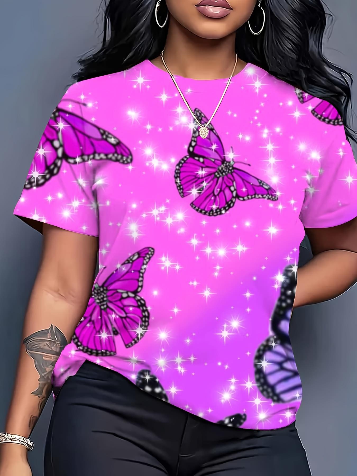 Women S Oversized Butterfly Print T-Shirt - Light Pink And Purple. with Shiny PinkPurpleBlackPink Butterfly Design. Soft Round Neck. Short Sleeve Casu 3XL дубильная кора