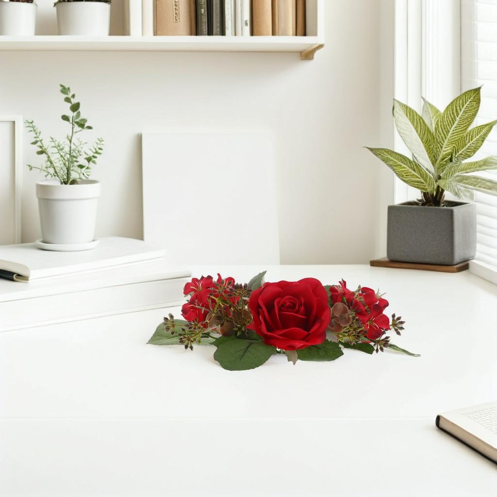 2Pcs Rose Rings Artificial Flower Wreaths with Greenery Garland Floral Pillar Centerpiece Wedding Home Party Table Decor