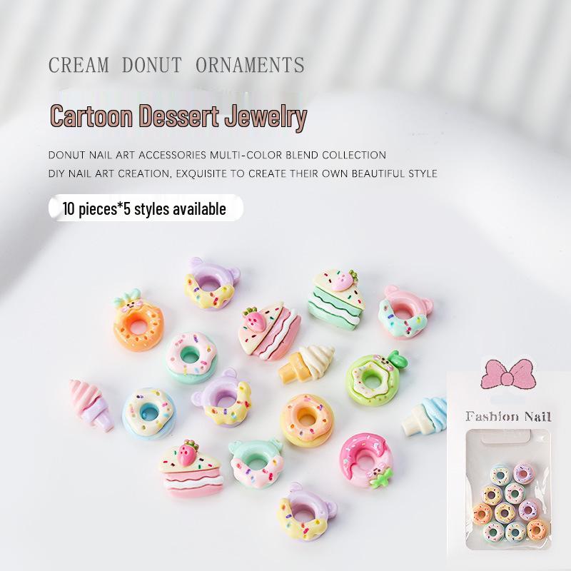 

10pcs Summer Dessert Resin Nail Charms: Donut, Ice Cream, Rhinestone & Candy Cartoons