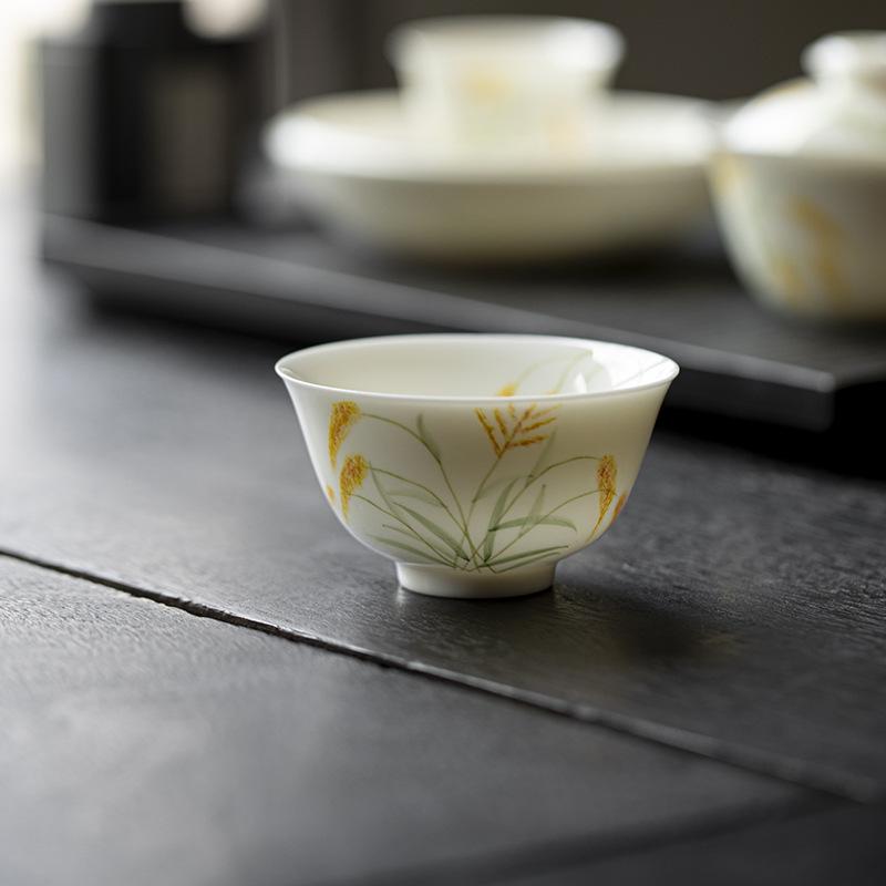 Hand-Painted Wheat White Porcelain Tea Cup - Large Zen Master Cup for Home, Pu-erh Tea andmade Ceramic Drinking Gift