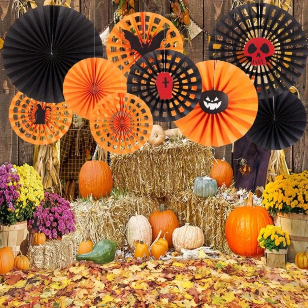 5sets Black and Orange Party Decorations Hanging Paper Fans Party Decorations for Basketball Birthday Graduation Gothic Halloween Tissue Paper Fans