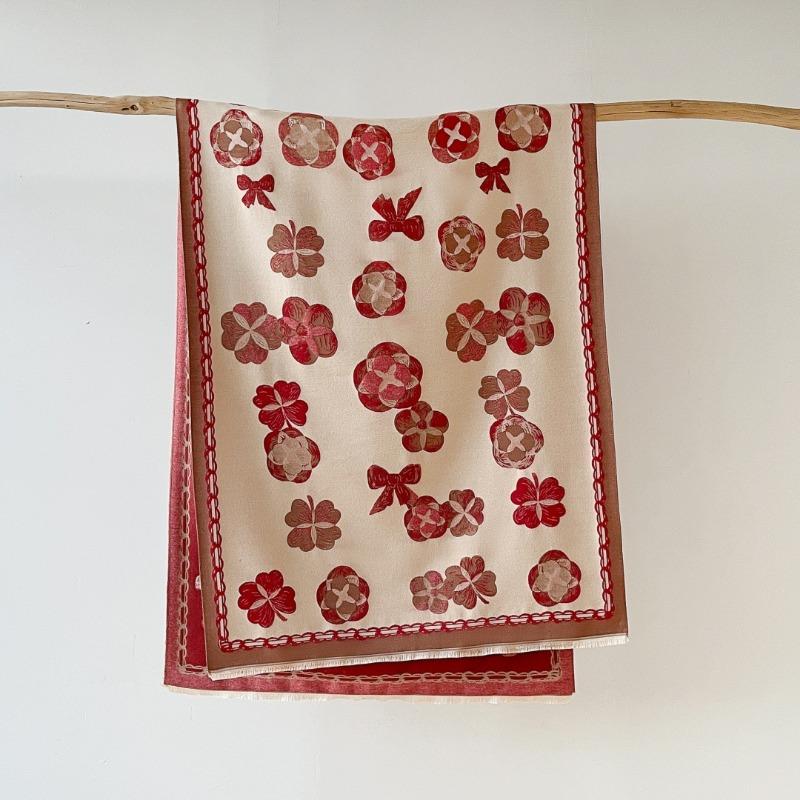Elegant Camellia Double Sided Printed Warm Imitation Cashmere Scarf For Women
