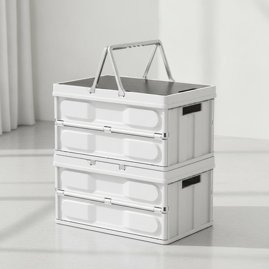 Foldable Storage Box with Wood Lid Stackable Collapsible Crate Heavy-Duty