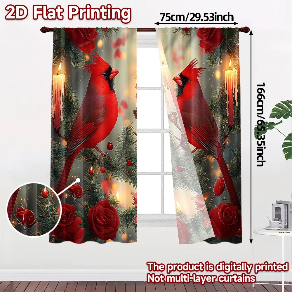 Set Of 2 Curtains Cardinal Bird Christmas Winter Red Chic Window Treatment Durable Polyester Outdoor Made