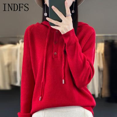 INDFS Women's Fashion Casual Fall Winter Solid Color Print Long Sleeve Hooded Sweaters