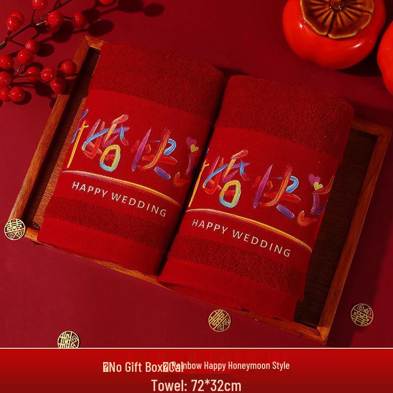 Red Wedding Towel Pair with Festive Gift Bag - Dowry Face Washing Souvenir