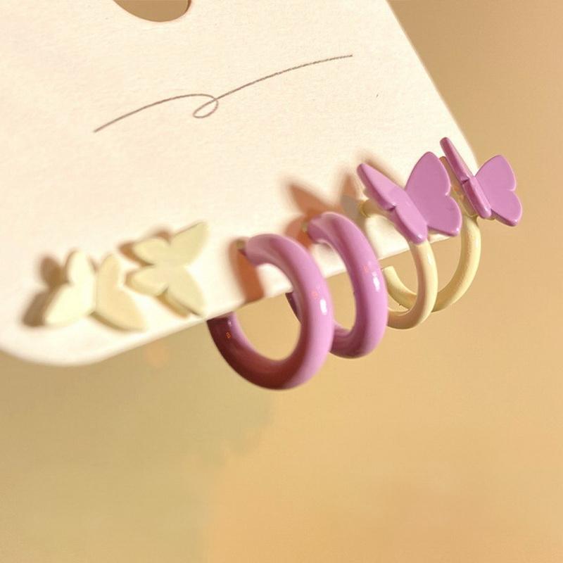 

Красочные серьги-кольца с бабочками, набор для женщин, корейские серьги с сердечками и цветами, акриловые серьги с кисточками для девочек, вечерние украшения фиолетовый