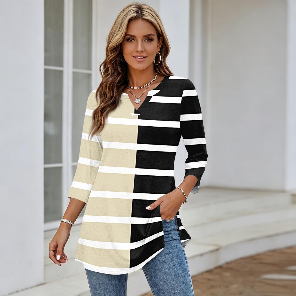 Damen V-Ausschnitt 3/4 Ärmel Pullover Tunika Oberteil mit Streifenmuster Lockerer Schnitt Lässige Mittellange Bluse für den täglichen Gebrauch