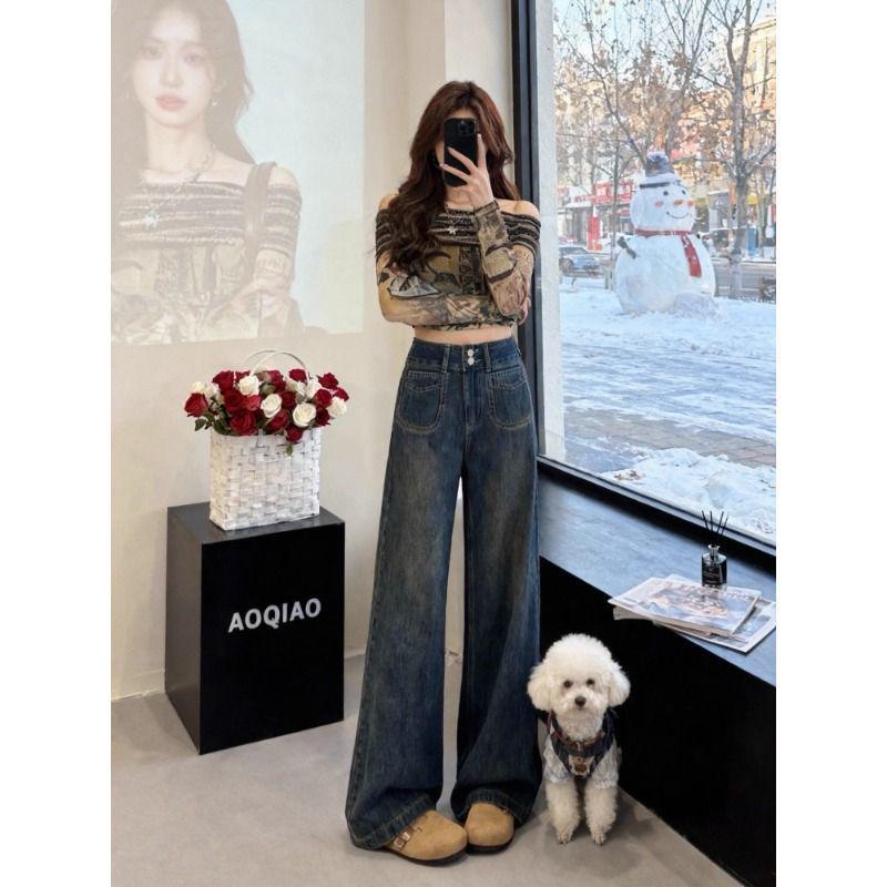Samtige Verdickte Weitbeinige Jeans: Damen High-Waist Retro Birnenform Hose für Herbst/Winter 2025