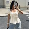 New Soft and Girlish Style Solid-color V-neck Jacquard Pleated Puff-sleeve Top