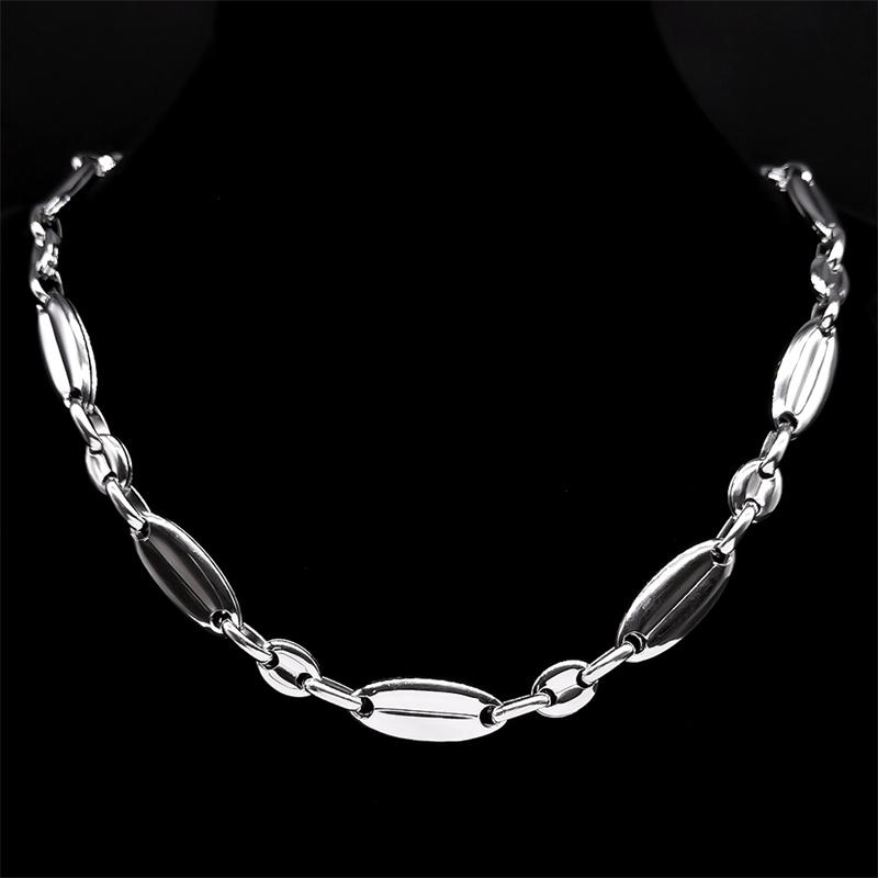 Stainless Steel Big Coffee Beans Seeds Link Chain Necklace Silver Color Hip Hop Long Necklaces for Man Women Jewelry Colar
