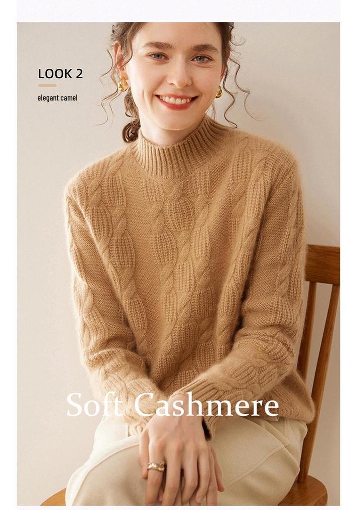 Women's Heavyweight Cashmere Jacquard Sweater - Thick Half-High Neck, Long Sleeve, Winter Knit Pullover