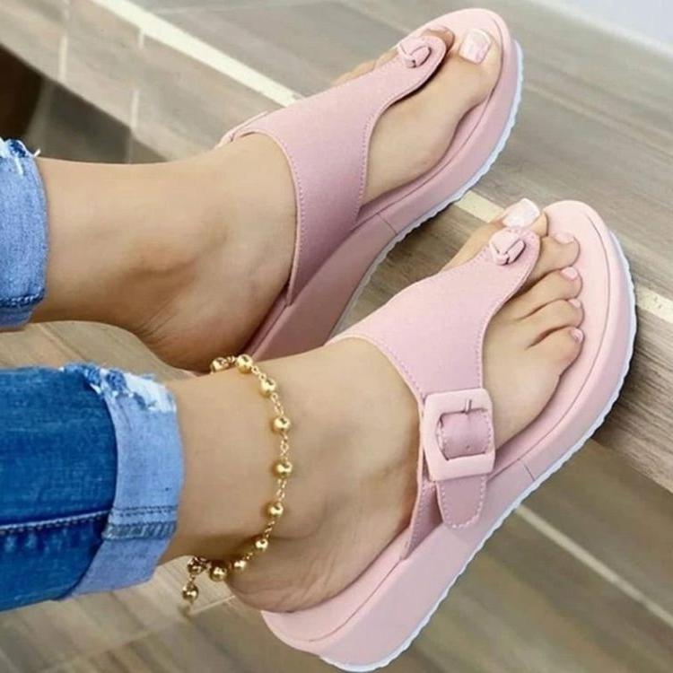 Fashion Solid Color Classic Increase Beach Flip-flops 2025 Summer Fashion Buckle Decoration Leisure Rubber Wedge Slippers Plus Size.