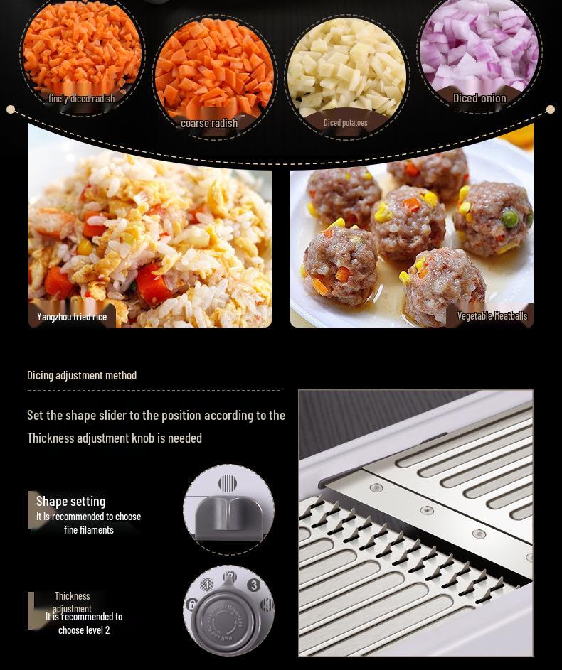 Multifunctional Vegetable Cutter: Potato Shredder, Grater, Slicer, Dicer & Wavy Radish Cutter.