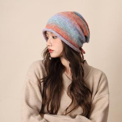 New Large Size Beanies Skullies Knitted Gradient Color Bonnet Hat Soft Rolled-brim Drawstring Slouch Hat