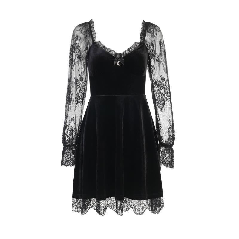 Gotisches Langarmkleid Vintage-Kleider Damen Spitze Patchwork Grunge Schwarzes Kleid