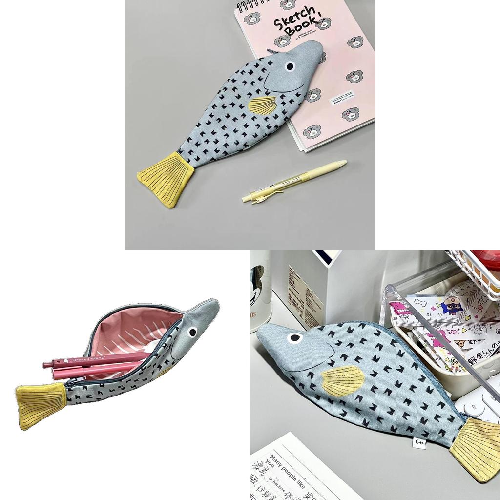Cartoon Fish Pencil Case Canvas Storage Bag With Zipper For Students And Kids