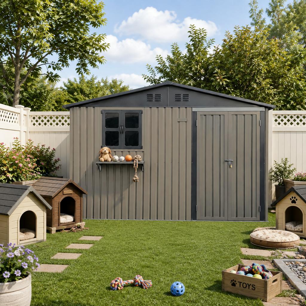 Brown Galvanized Steel Outdoor Tool Shed, Dimensions 295 × 243.6 cm (7.19 m²), with Openable Windows, Lockable Door and Flower Rack, Waterproof