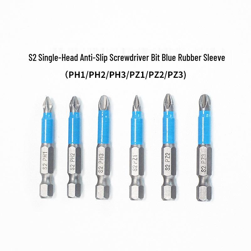 6-Piece 50mm Anti-Slip Phillips Screwdriver Bit Set with Blue Rubber Sleeve for Electric Screwdrivers.