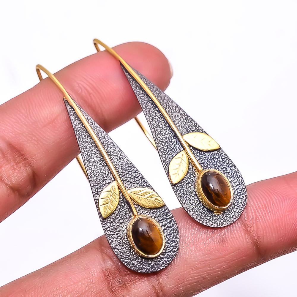 

Yellow Tiger Eye - South Africa 925 Silver Black & Gold Plated Earring 2.15 E50