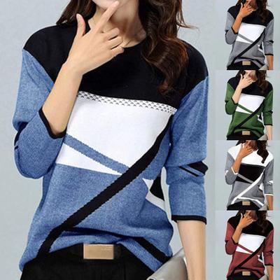 Women's Long-sleeved Top Color Block Shirt Women's Patchwork Pullover Sweatshirt Loose Crewneck T-shirt