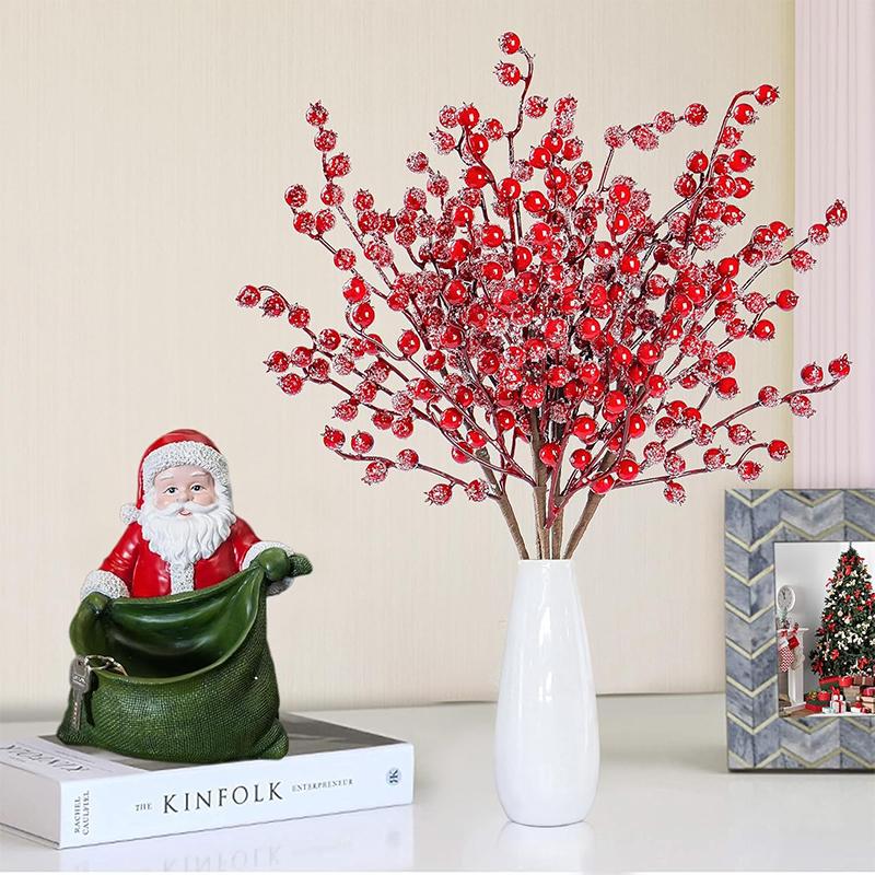 1Pc Christmas Decoration White Snow Red Berries Stems Artificial Bouquet Xmas Tree Ornament Home Decor New Year 2025 Accessories