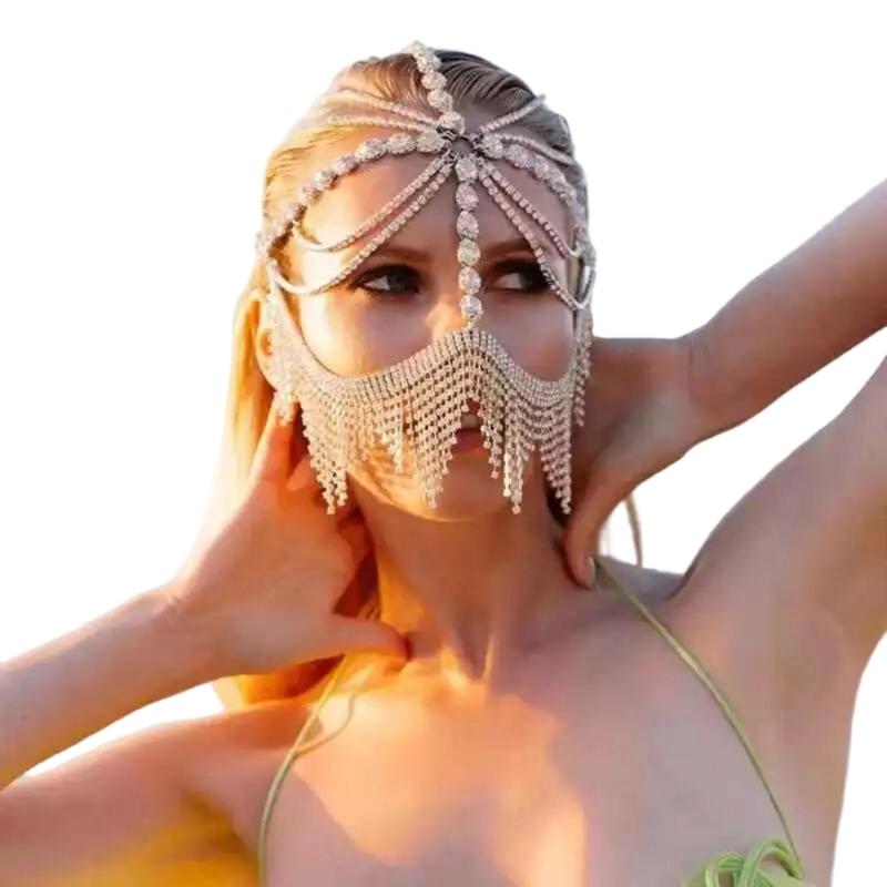 

Sparkling Rhinestones Chain Veil Mask Headpiece Headwear For Women Elegant Party Dance Costume Fashion Hair Accessories золотой