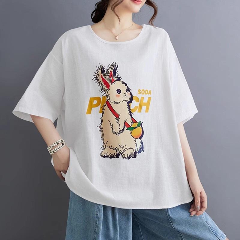 

Топы для женщин хлопковая летняя футболка большого размера с круглым вырезом и принтом кролика, повседневный пуловер, футболка, топ XXXXL белый