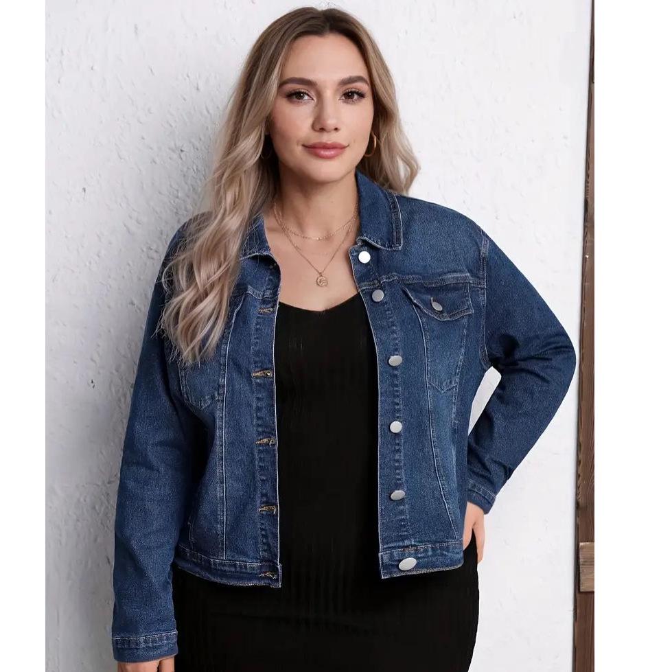 Plus Size Women's Elegant Washed Stretch Denim Jacket